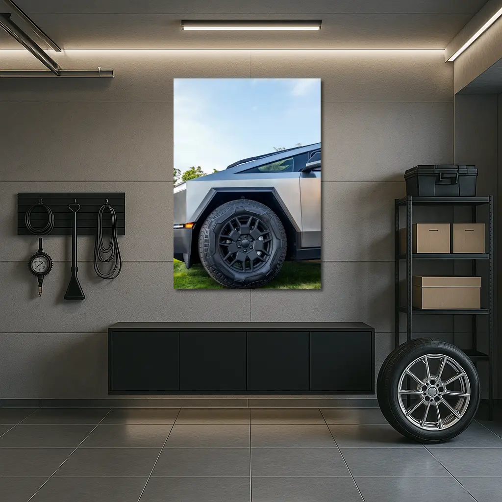 Tesla Cybertruck Parked On Green Grass – Wall Art