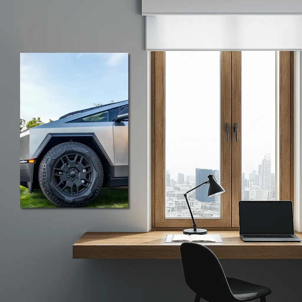 Tesla Cybertruck Parked On Green Grass – Wall Art