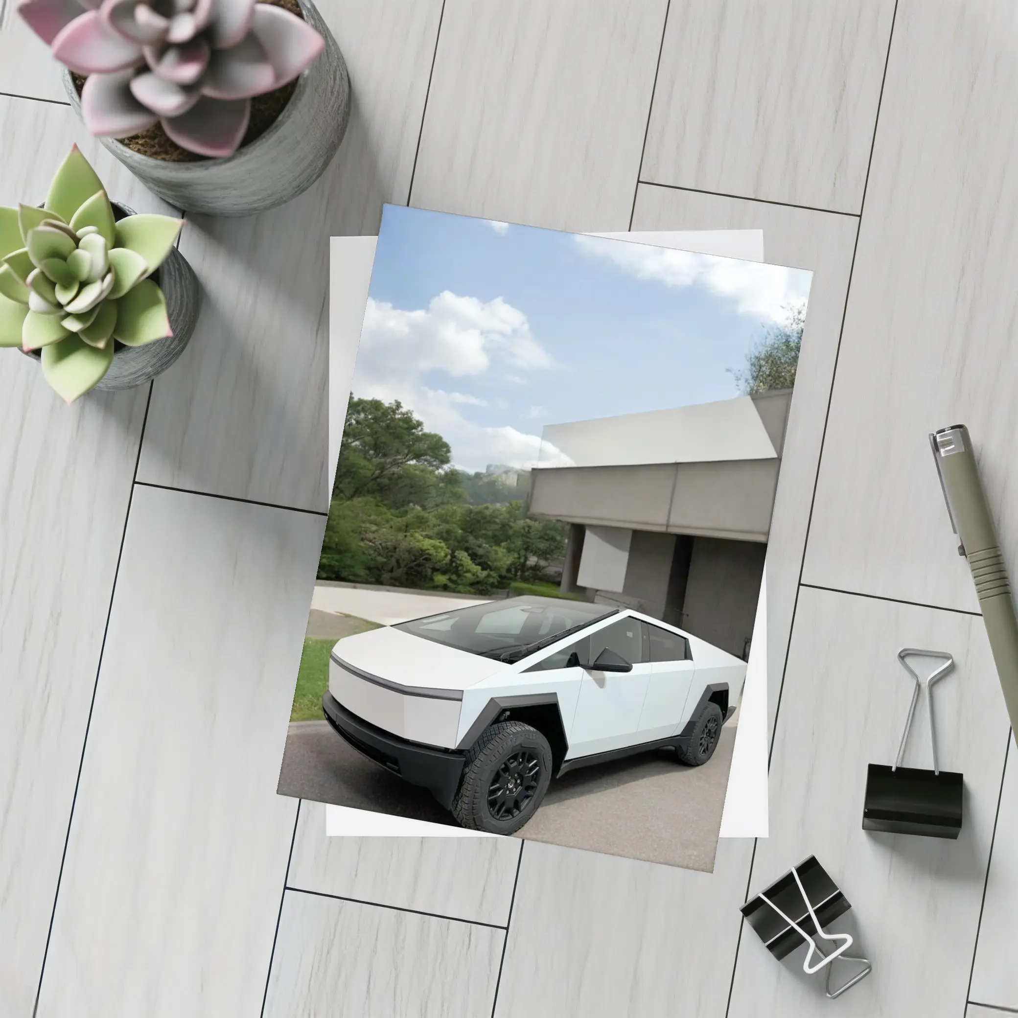 Tesla Cybertruck Parked Modern House Exterior – Postcards