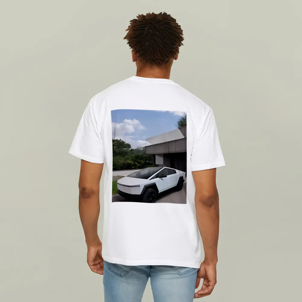 Tesla Cybertruck Parked Modern House Exterior – T-Shirts