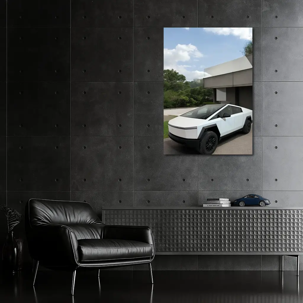 Tesla Cybertruck Parked Modern House Exterior – Wall Art