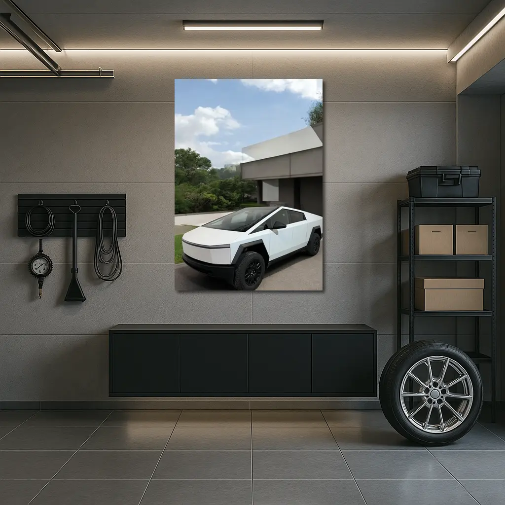 Tesla Cybertruck Parked Modern House Exterior – Wall Art