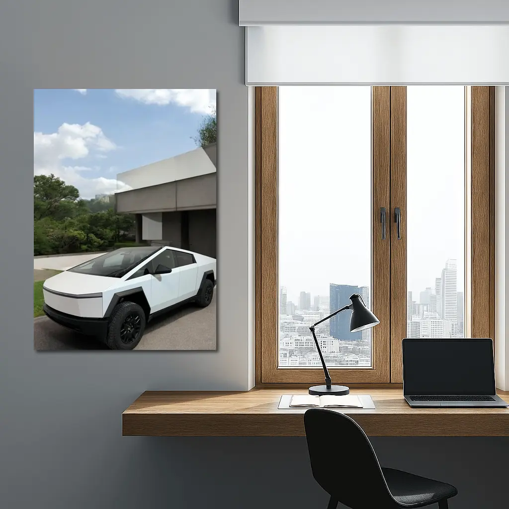 Tesla Cybertruck Parked Modern House Exterior – Wall Art