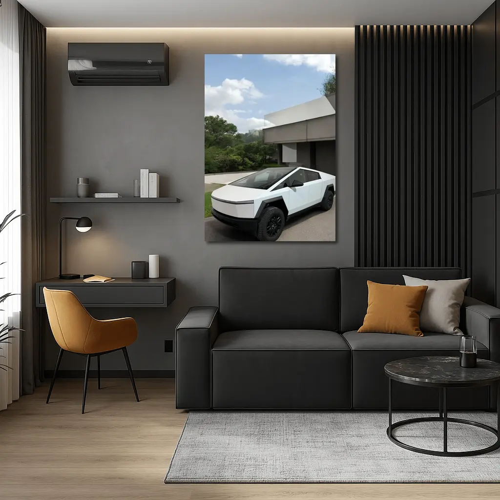 Tesla Cybertruck Parked Modern House Exterior – Wall Art