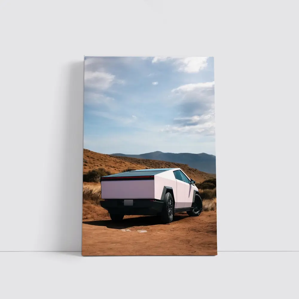 Tesla Cybertruck Pink Desert Mountain Backdrop – Wall Art