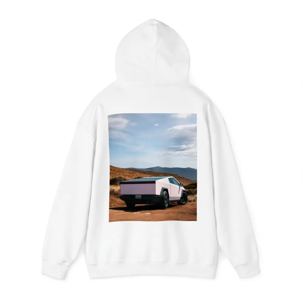 Tesla Cybertruck Pink Desert Mountain Backdrop – Hoodies