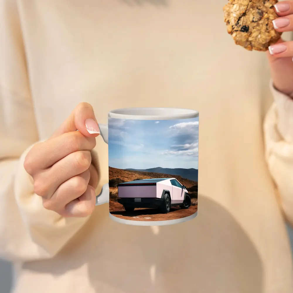 Tesla Cybertruck Pink Desert Mountain Backdrop – Mugs