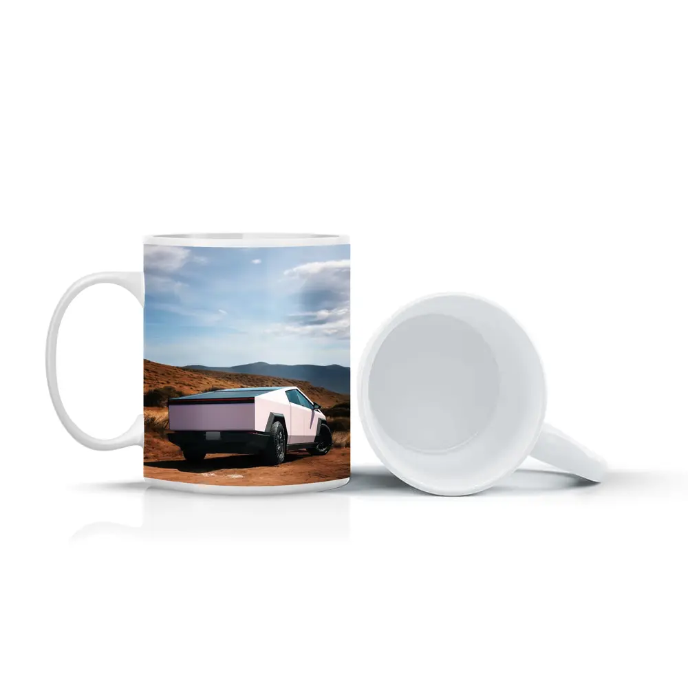 Tesla Cybertruck Pink Desert Mountain Backdrop – Mugs