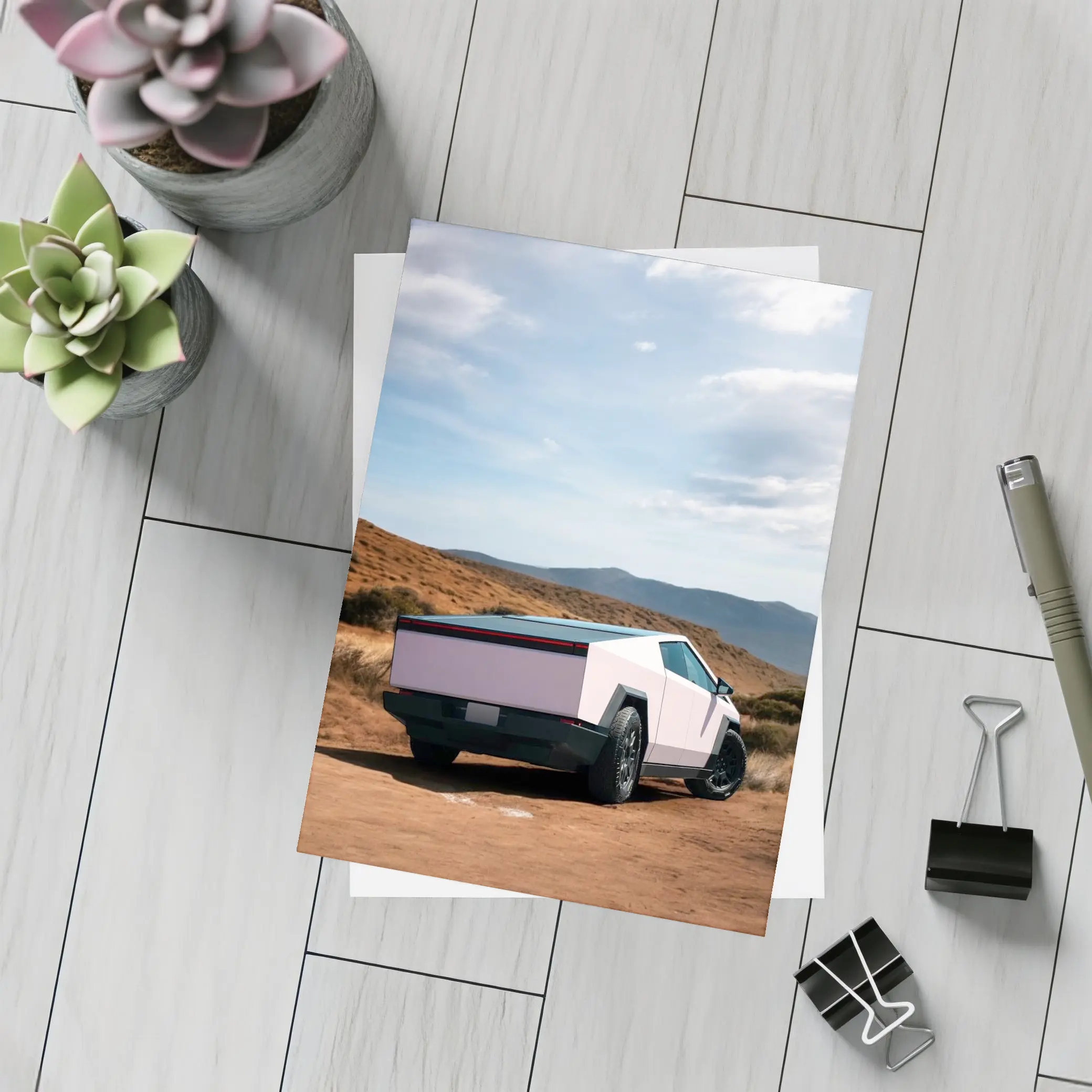 Tesla Cybertruck Pink Desert Mountain Backdrop – Postcards