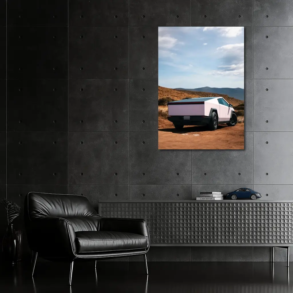 Tesla Cybertruck Pink Desert Mountain Backdrop – Wall Art