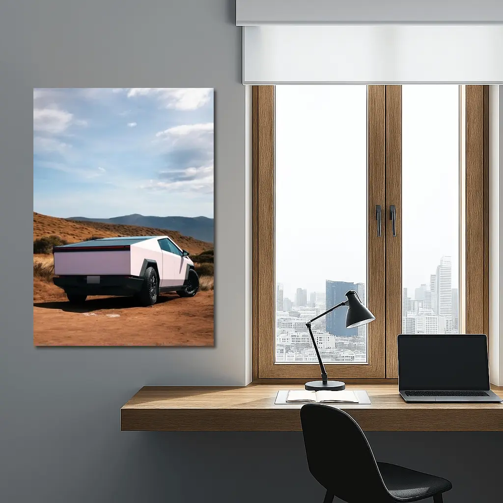 Tesla Cybertruck Pink Desert Mountain Backdrop – Wall Art