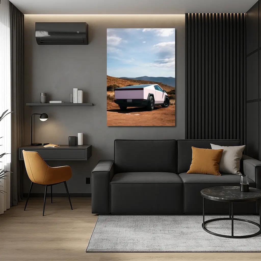 Tesla Cybertruck Pink Desert Mountain Backdrop – Wall Art