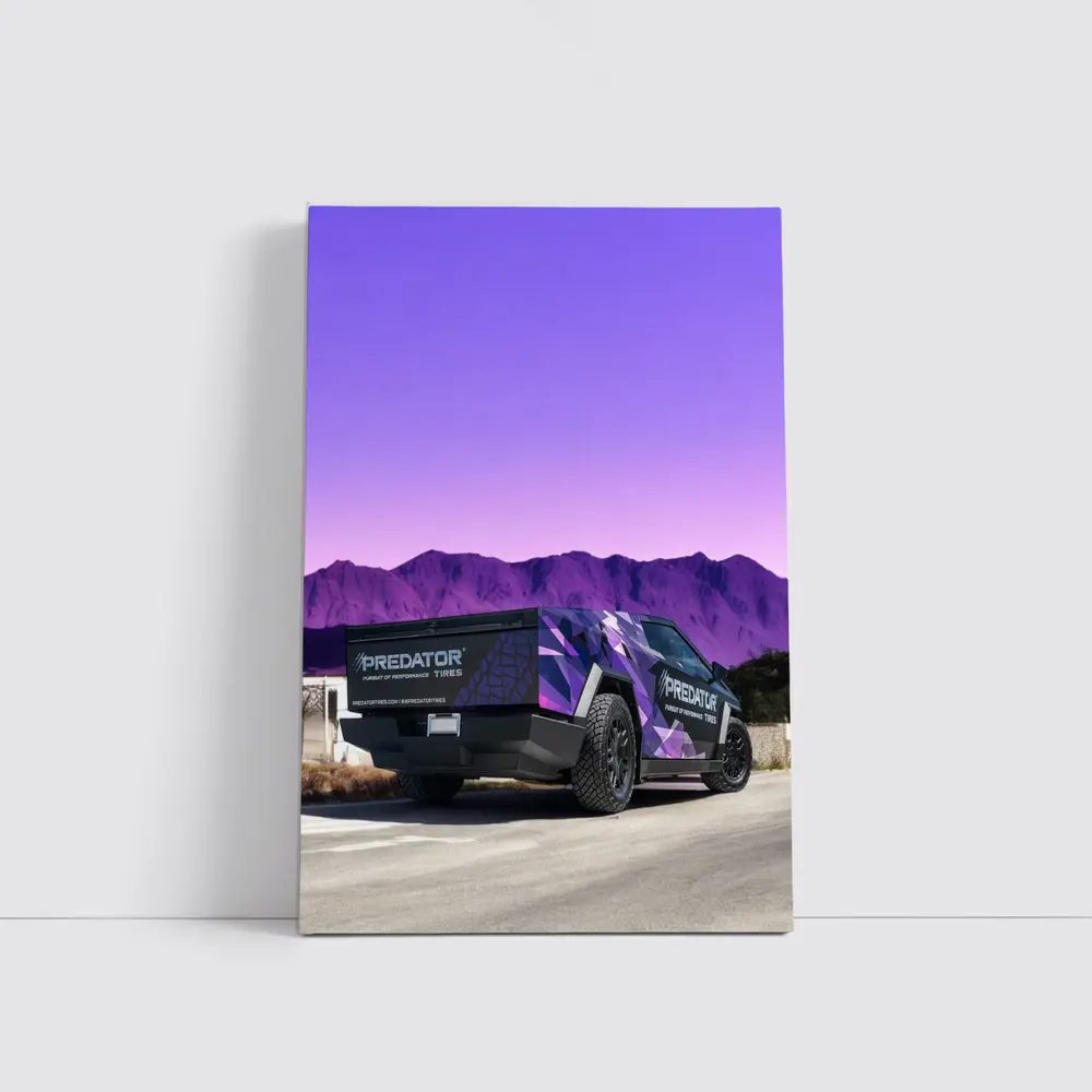 Tesla Cybertruck Purple Wrap Mountain Background – Wall Art