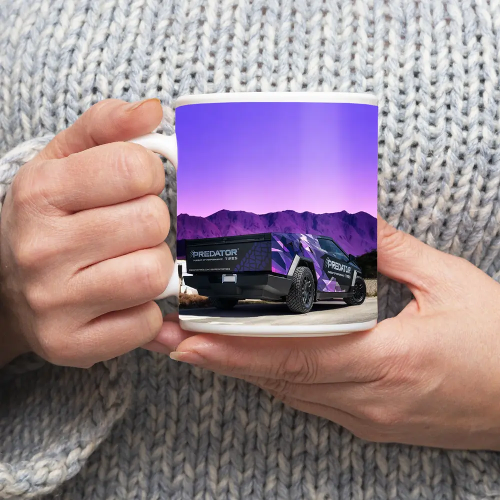 Tesla Cybertruck Purple Wrap Mountain Background – Mugs