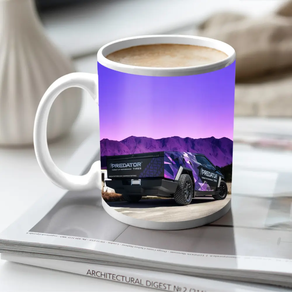 Tesla Cybertruck Purple Wrap Mountain Background – Mugs