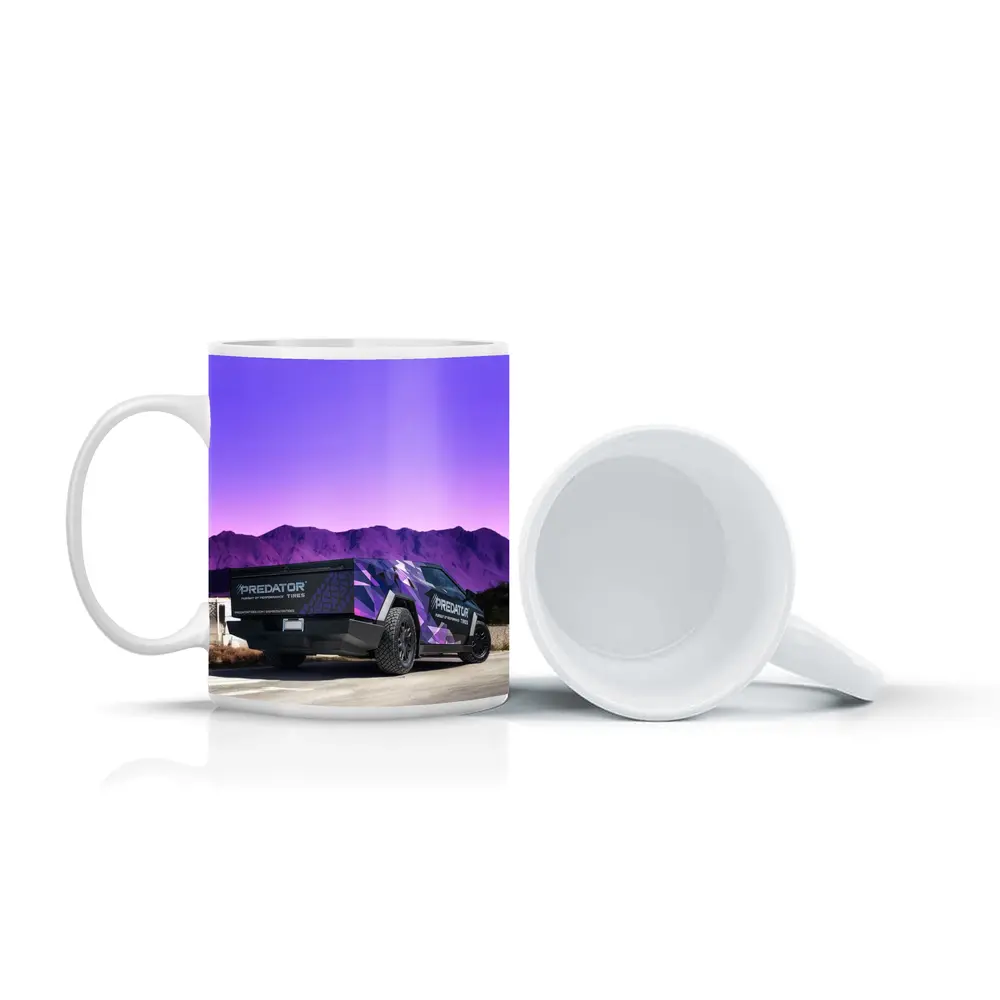 Tesla Cybertruck Purple Wrap Mountain Background – Mugs