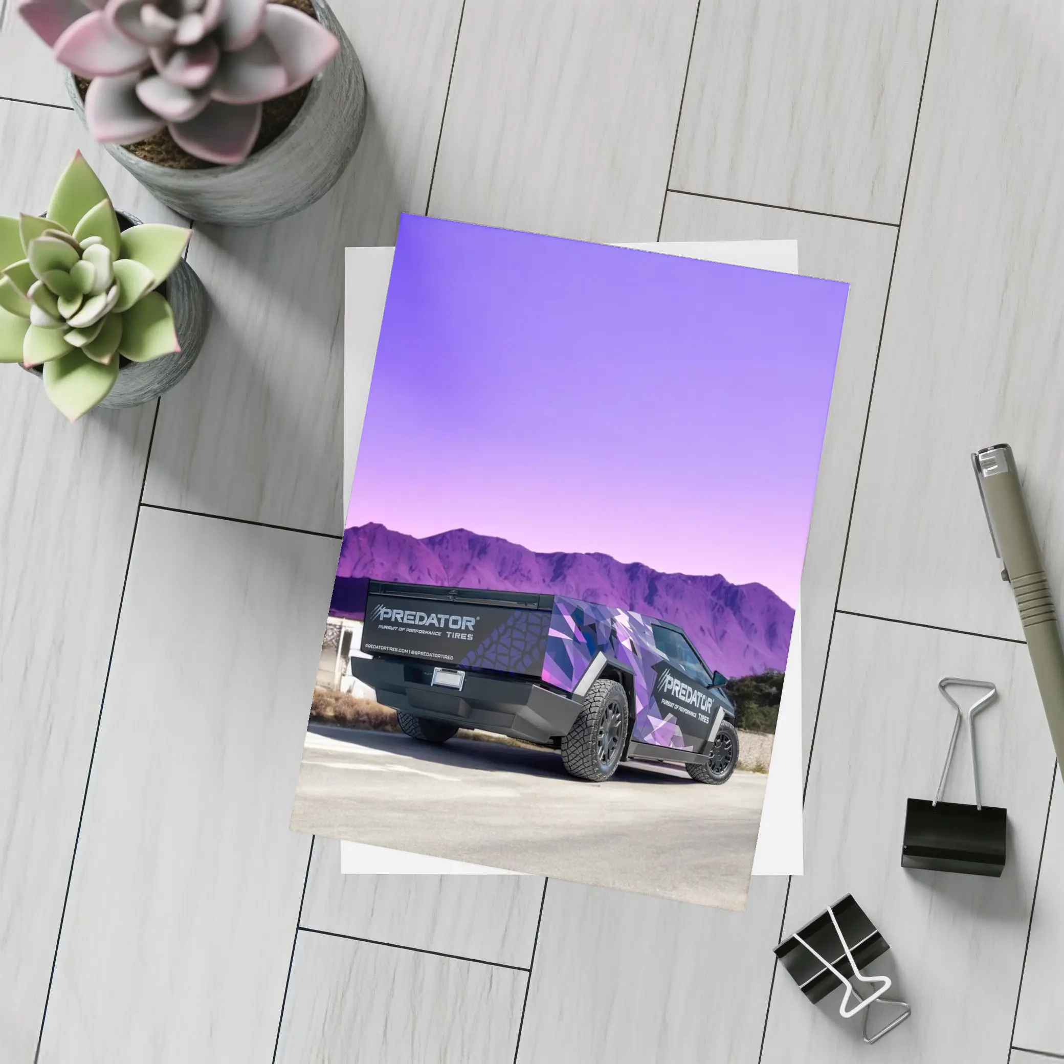Tesla Cybertruck Purple Wrap Mountain Background – Postcards