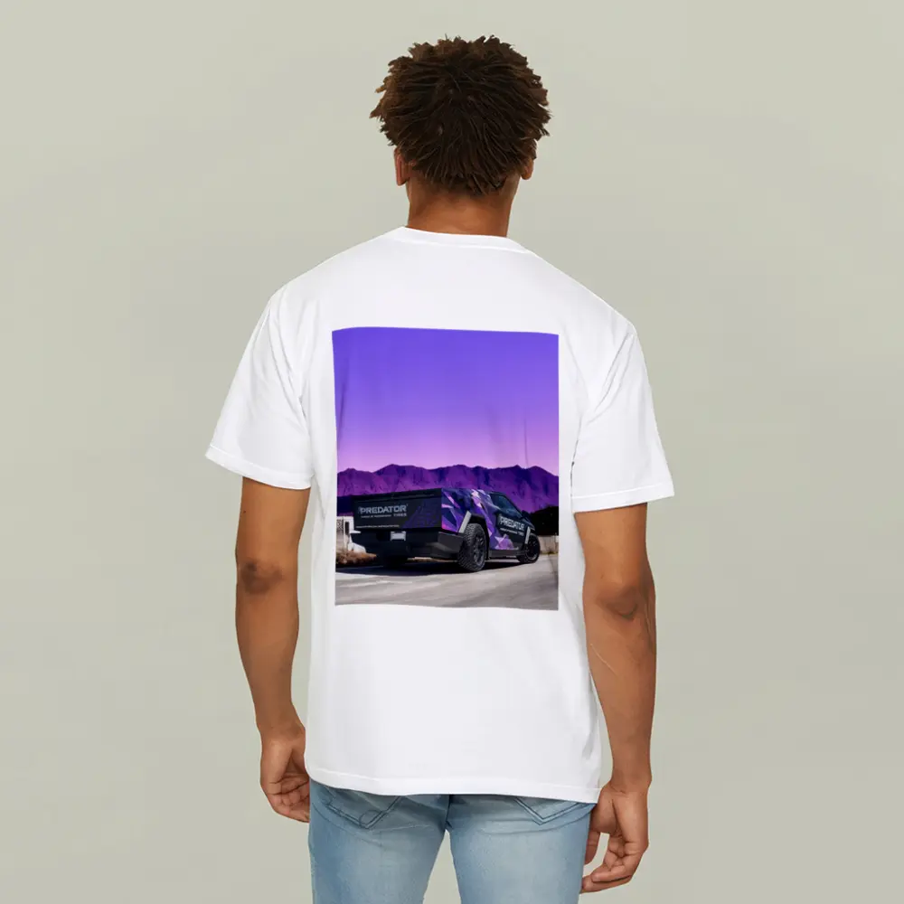 Tesla Cybertruck Purple Wrap Mountain Background – T-Shirts