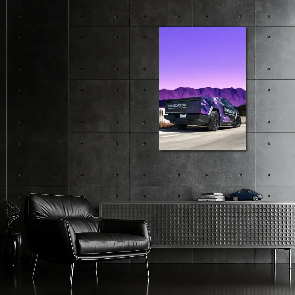 Tesla Cybertruck Purple Wrap Mountain Background – Wall Art