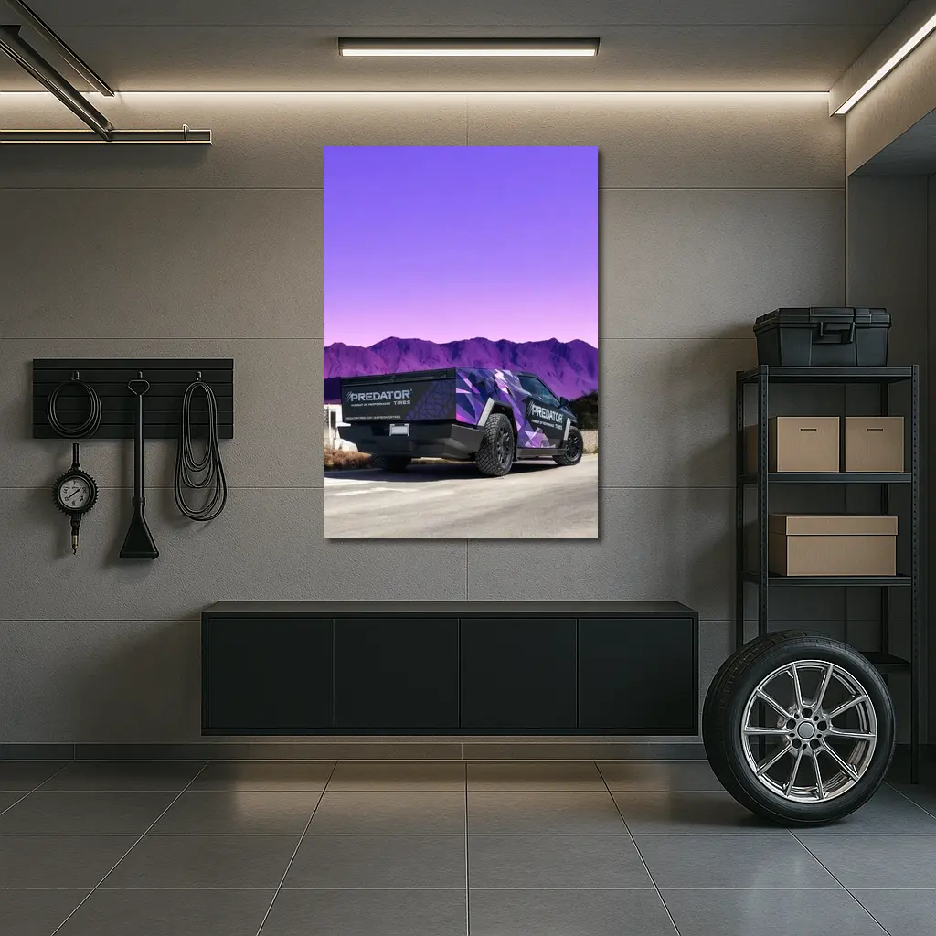 Tesla Cybertruck Purple Wrap Mountain Background – Wall Art