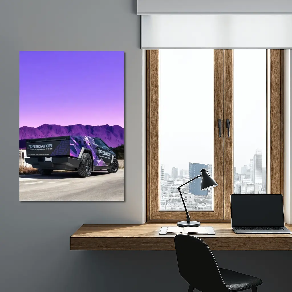 Tesla Cybertruck Purple Wrap Mountain Background – Wall Art