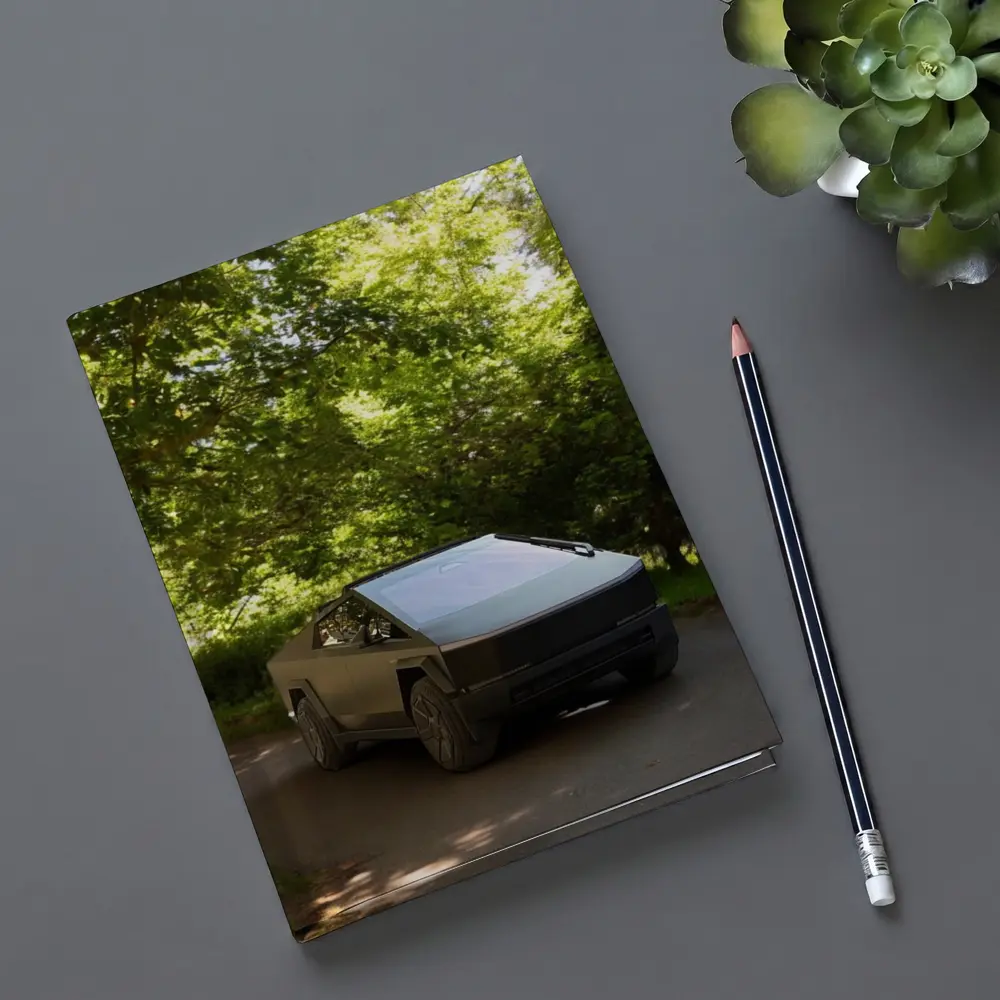 Tesla Cybertruck Parked On Forest Road – Notebooks