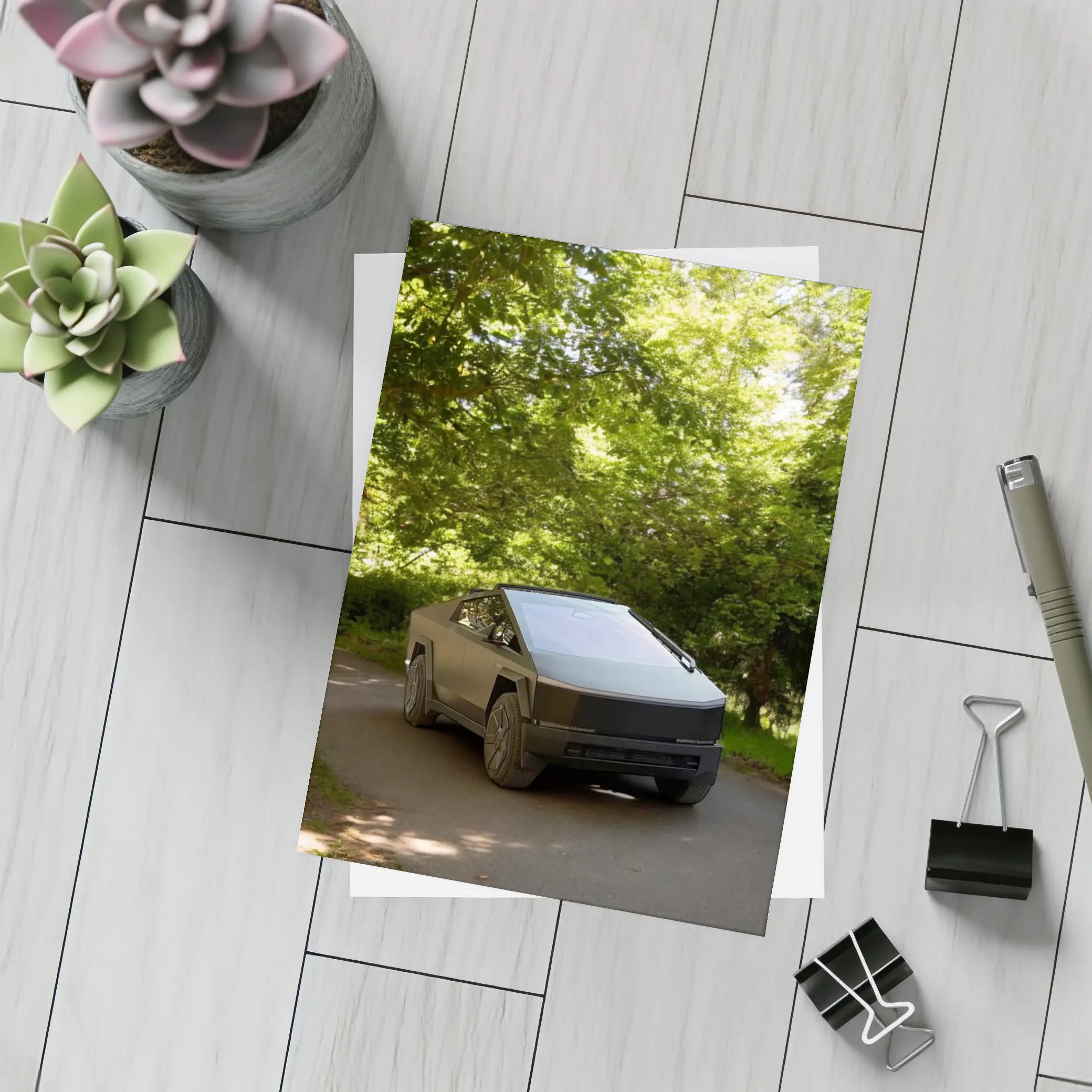 Tesla Cybertruck Parked On Forest Road – Postcards