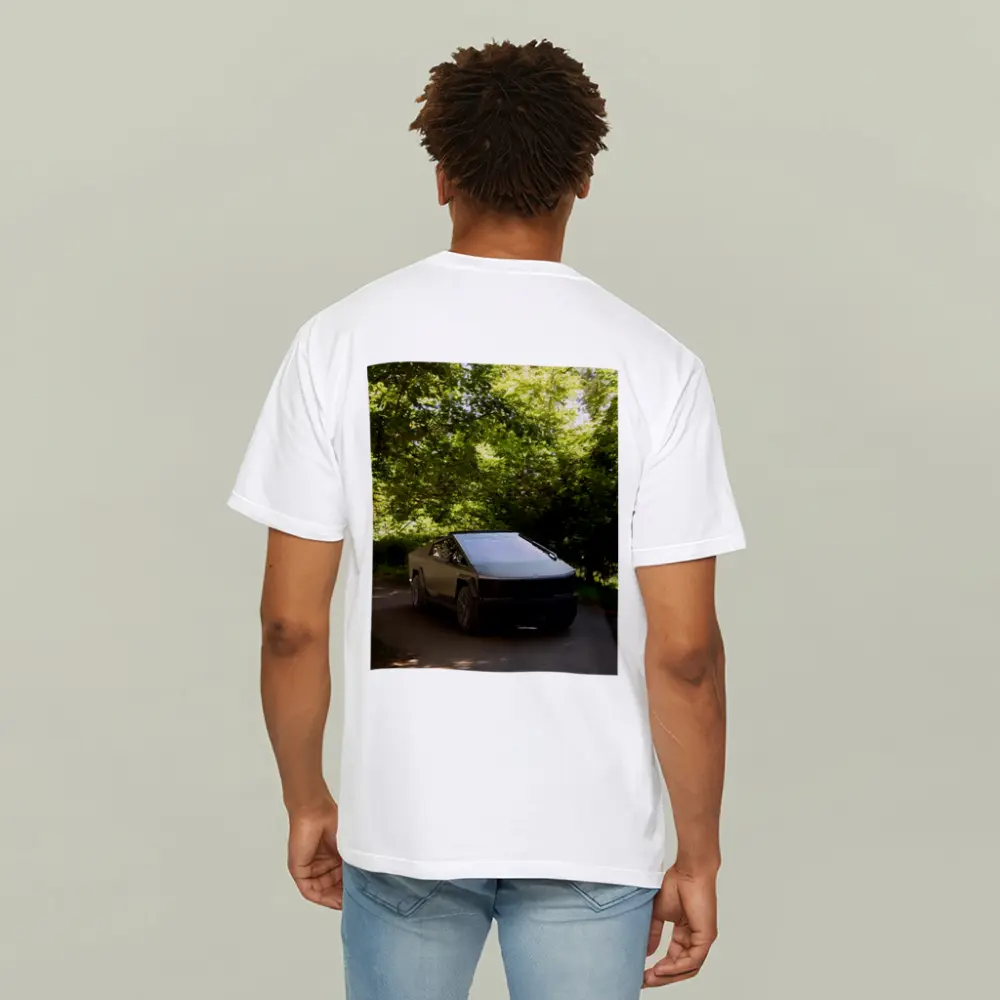 Tesla Cybertruck Parked On Forest Road – T-Shirts