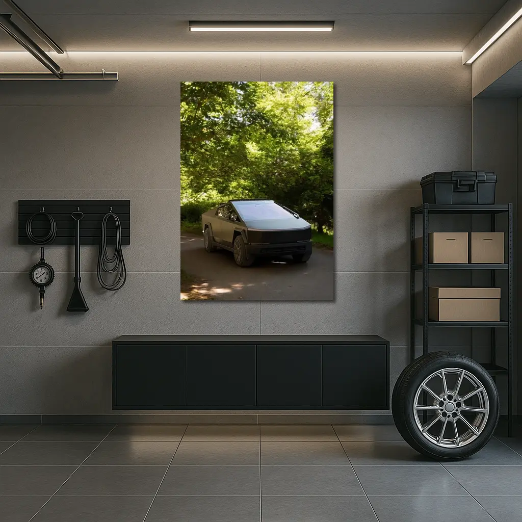 Tesla Cybertruck Parked On Forest Road – Wall Art