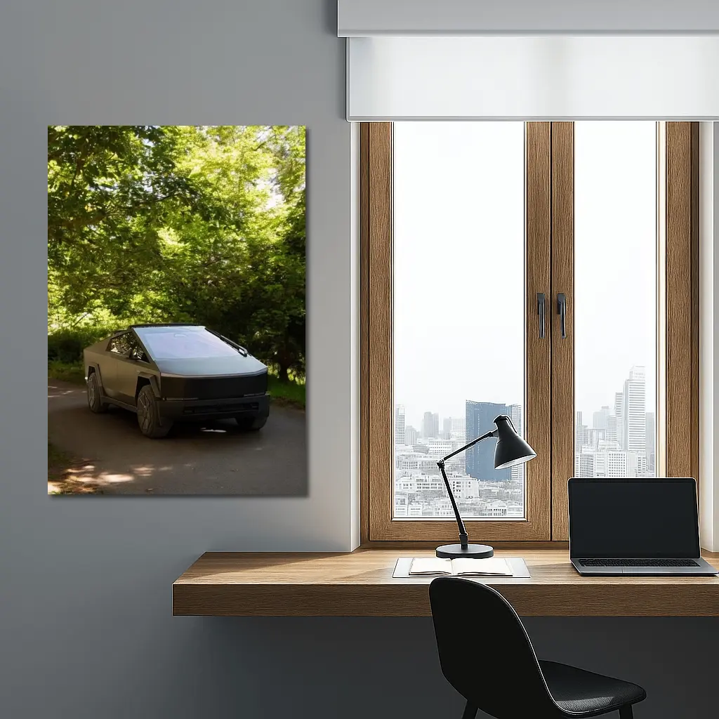 Tesla Cybertruck Parked On Forest Road – Wall Art
