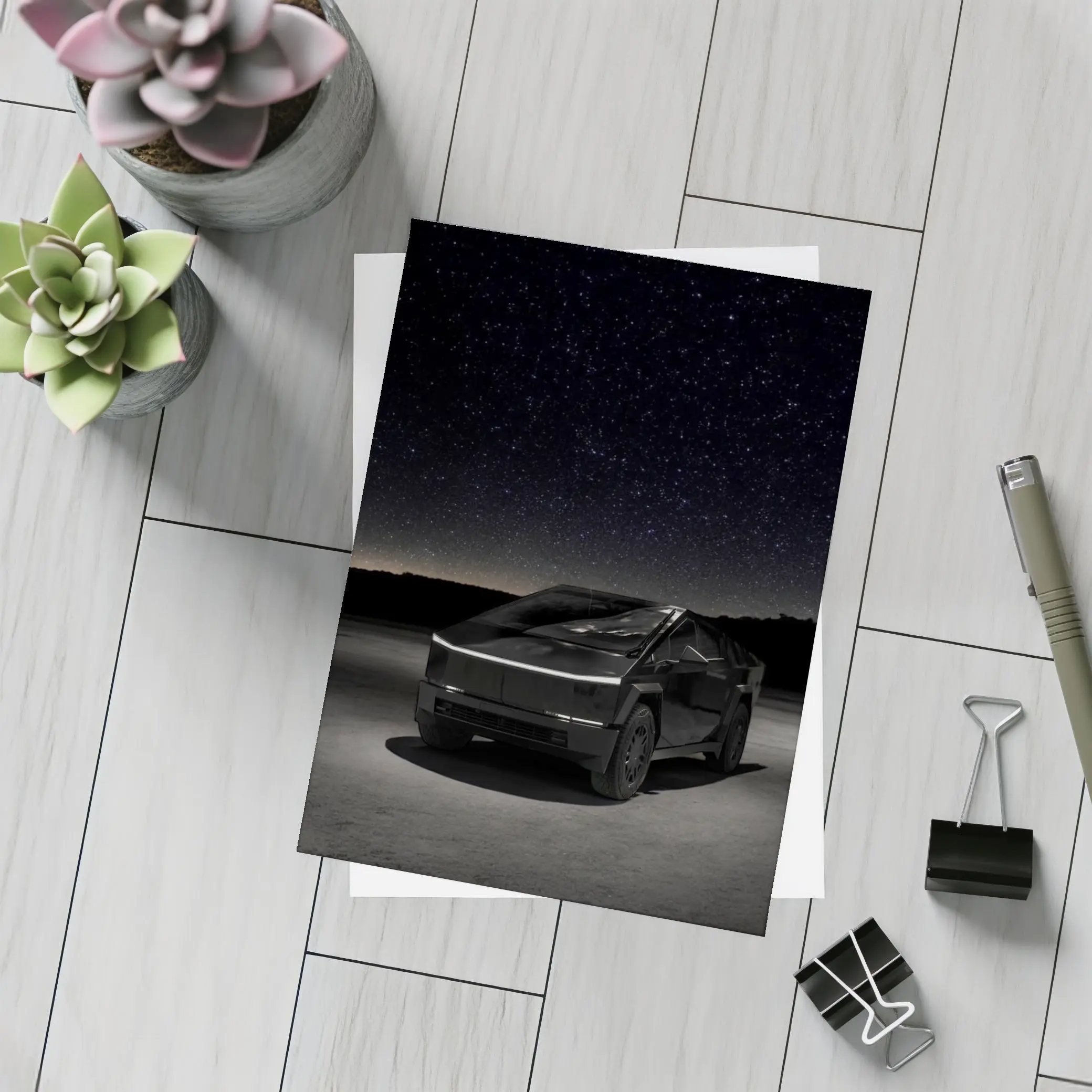 Tesla Cybertruck Under Starry Night Sky – Postcards