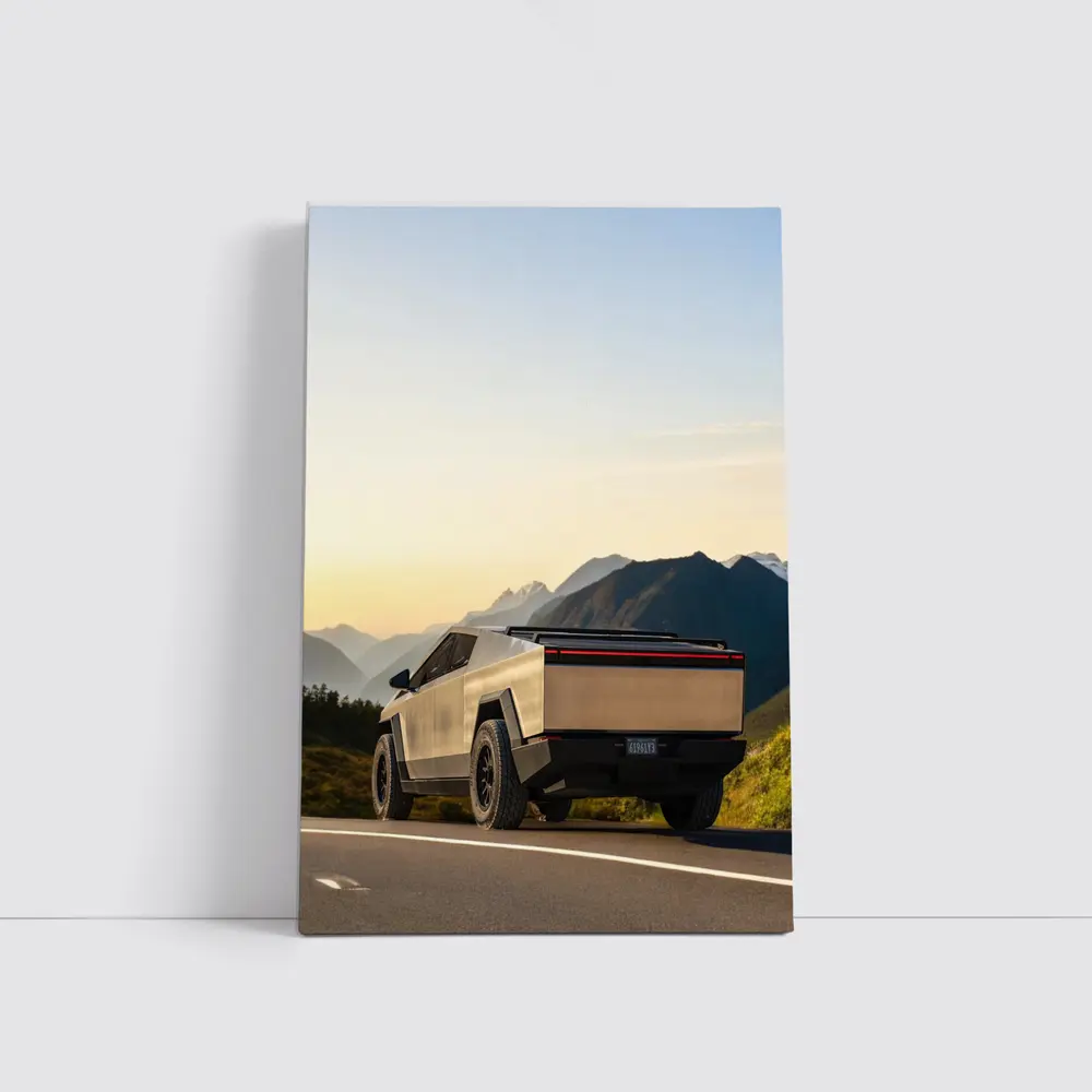 Tesla Cybertruck Parked on Mountain Road Sunset – Wall Art