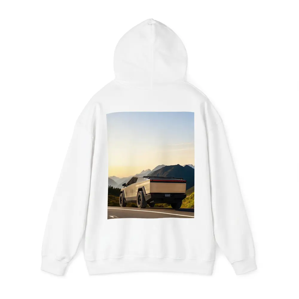 Tesla Cybertruck Parked on Mountain Road Sunset – Hoodies