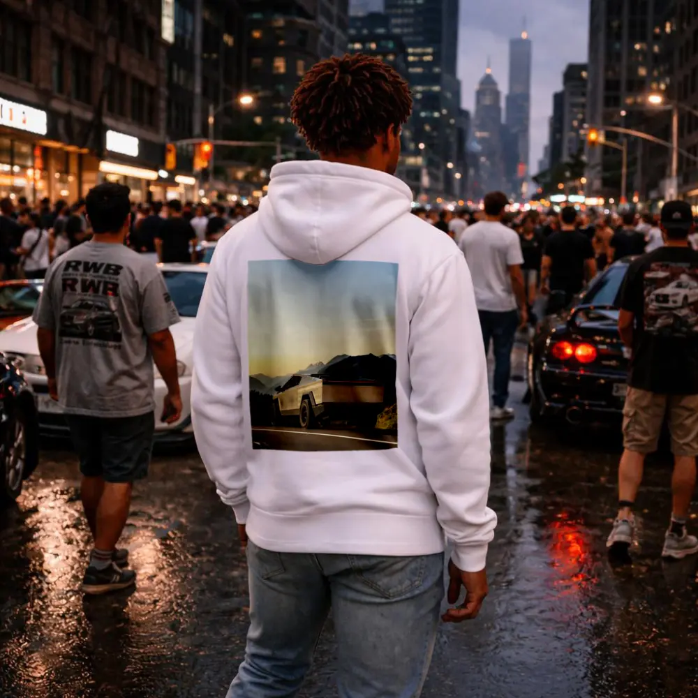 Tesla Cybertruck Parked on Mountain Road Sunset – Hoodies