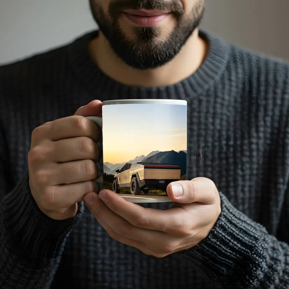 Tesla Cybertruck Parked on Mountain Road Sunset – Mugs