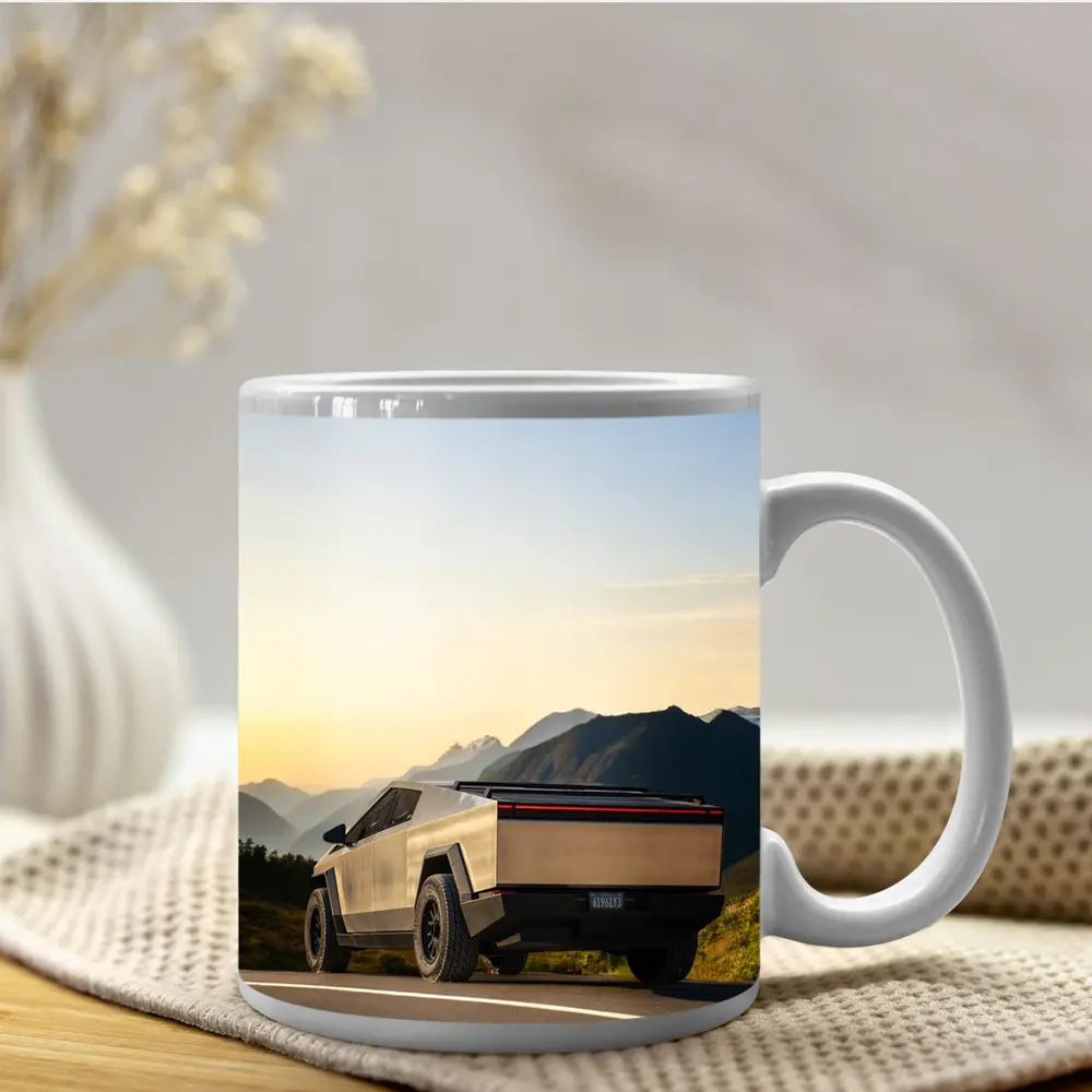 Tesla Cybertruck Parked on Mountain Road Sunset – Mugs