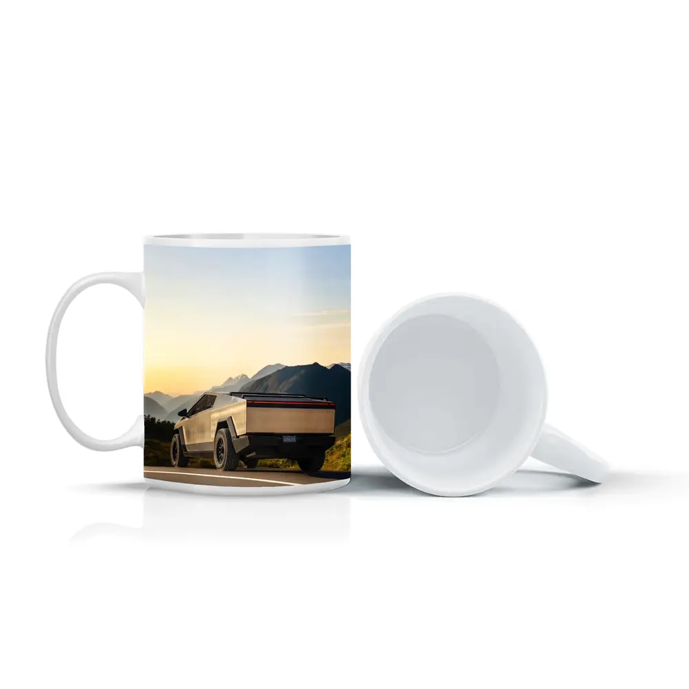 Tesla Cybertruck Parked on Mountain Road Sunset – Mugs