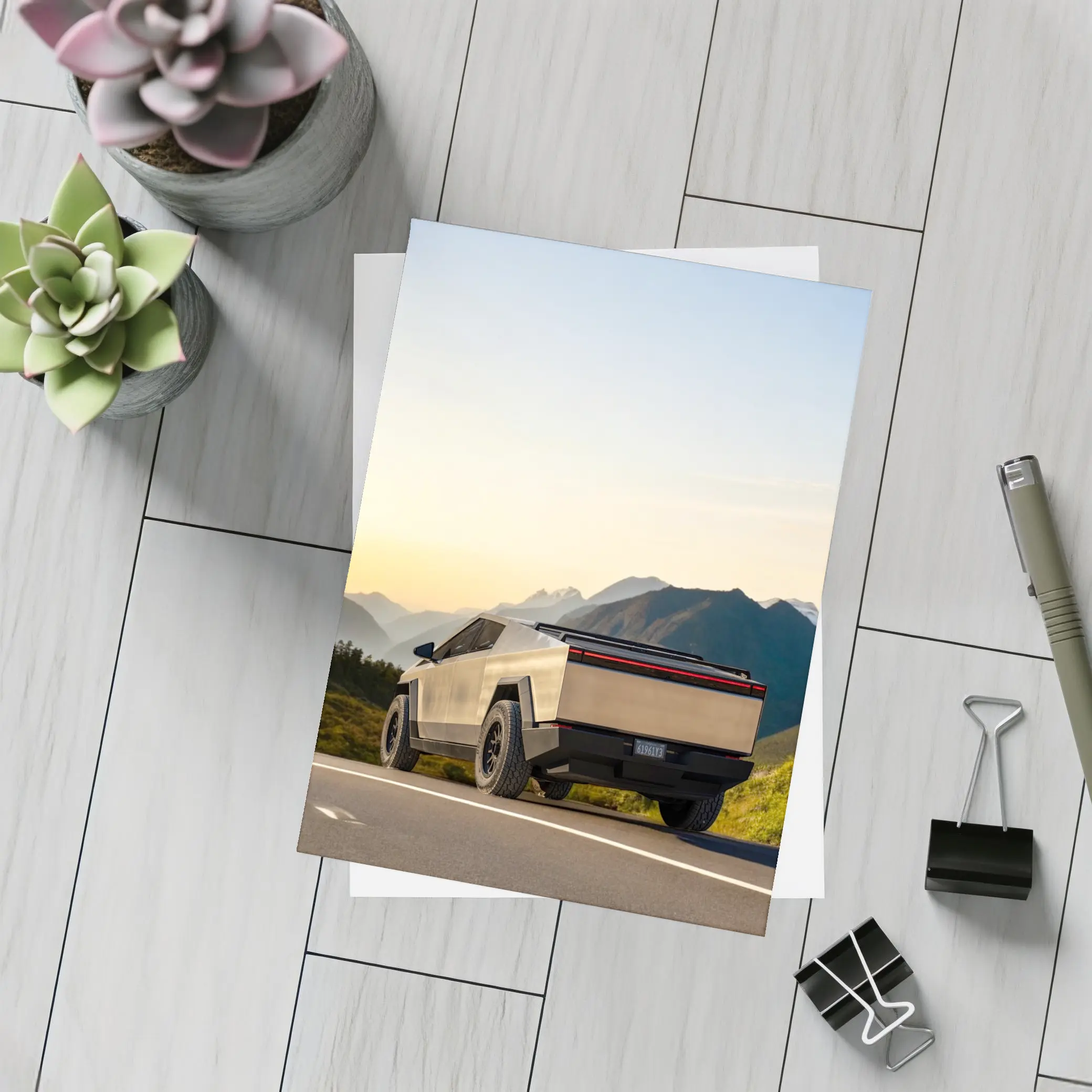 Tesla Cybertruck Parked on Mountain Road Sunset – Postcards
