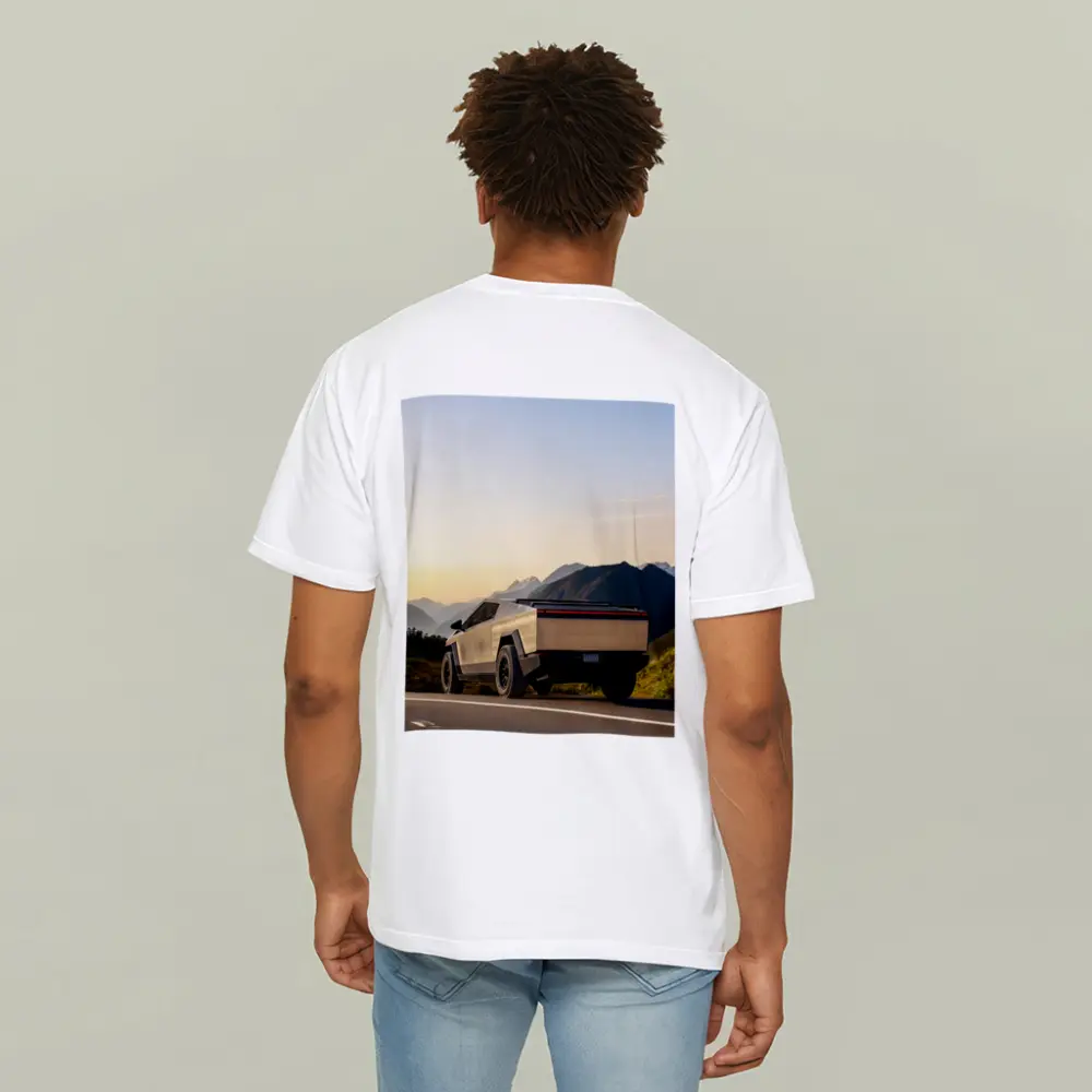 Tesla Cybertruck Parked on Mountain Road Sunset – T-Shirts