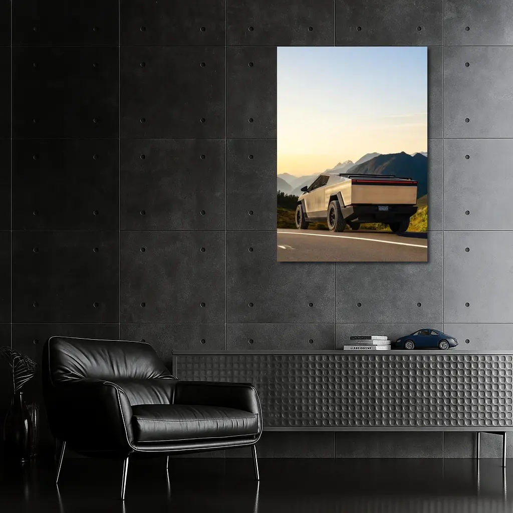 Tesla Cybertruck Parked on Mountain Road Sunset – Wall Art