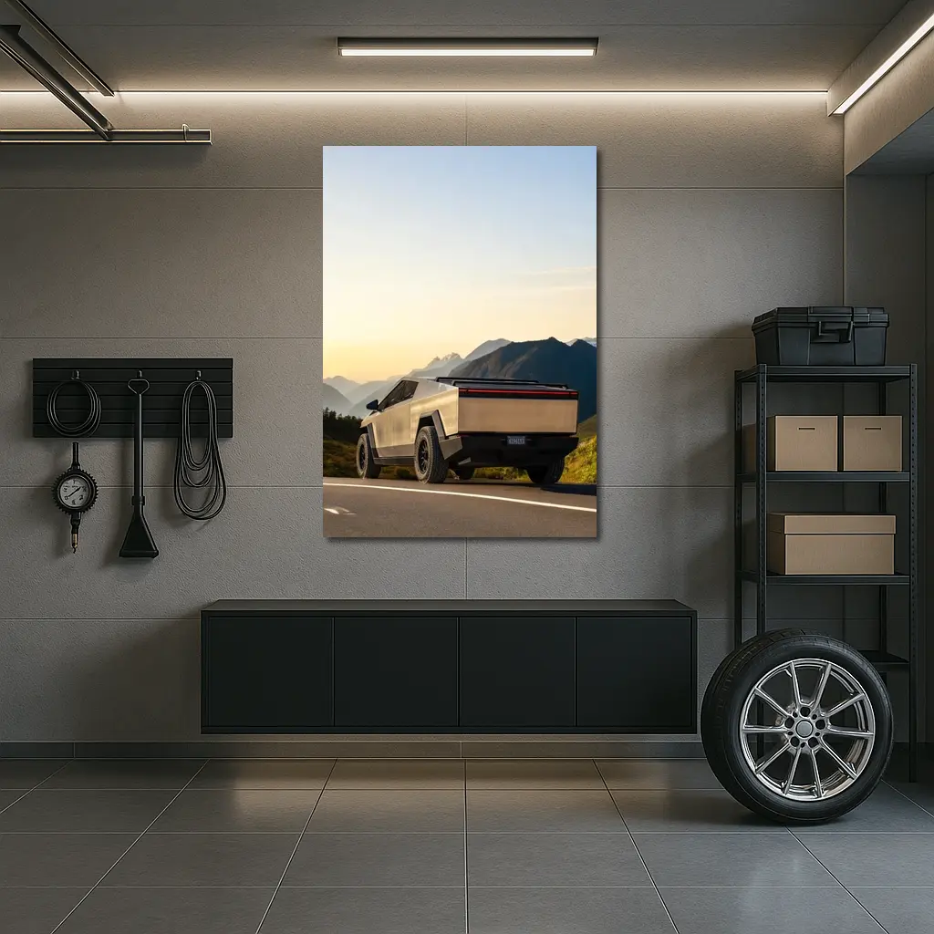 Tesla Cybertruck Parked on Mountain Road Sunset – Wall Art