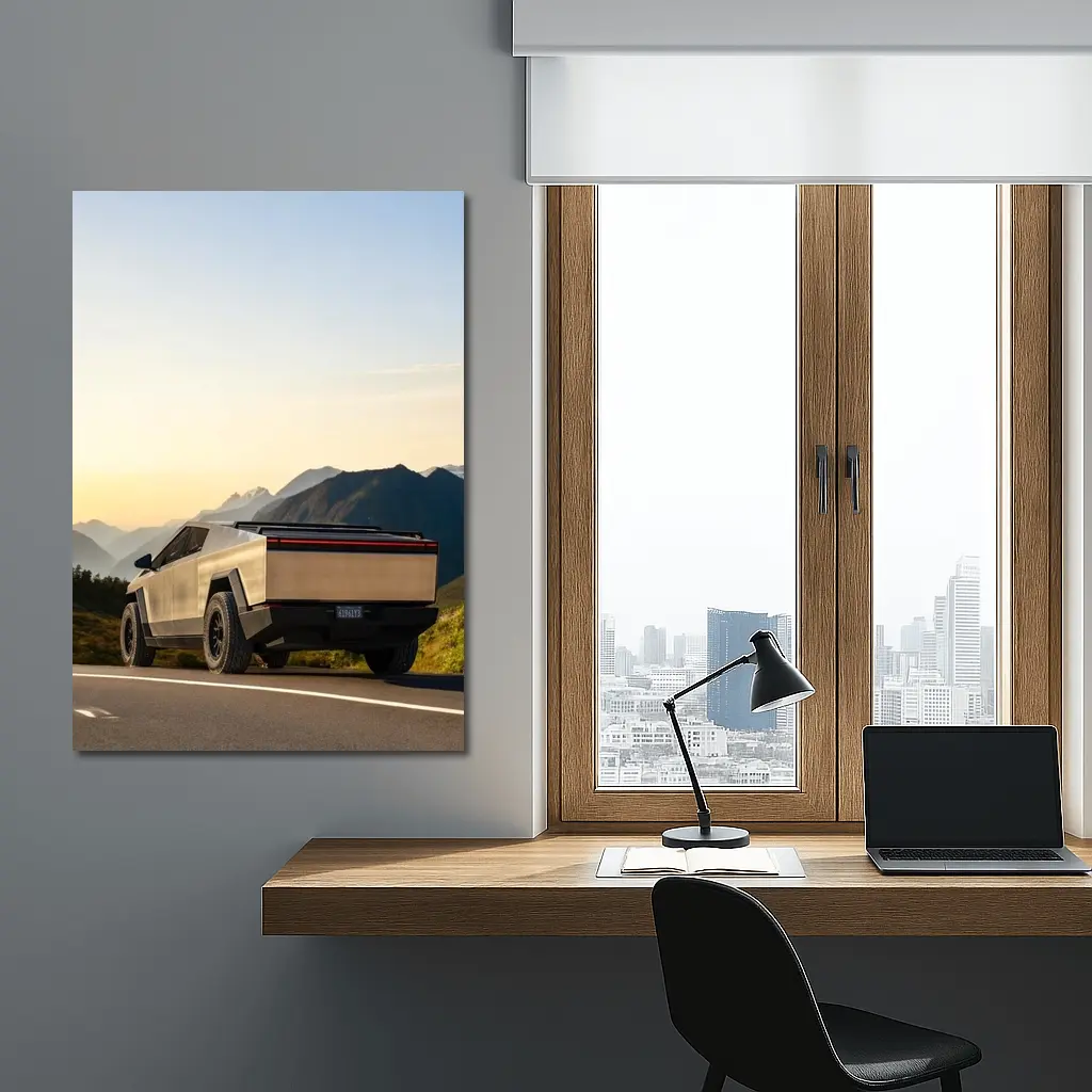 Tesla Cybertruck Parked on Mountain Road Sunset – Wall Art