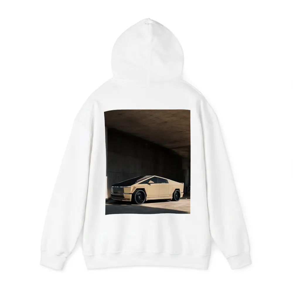 Tesla Cybertruck Beige Under Concrete Bridge – Hoodies