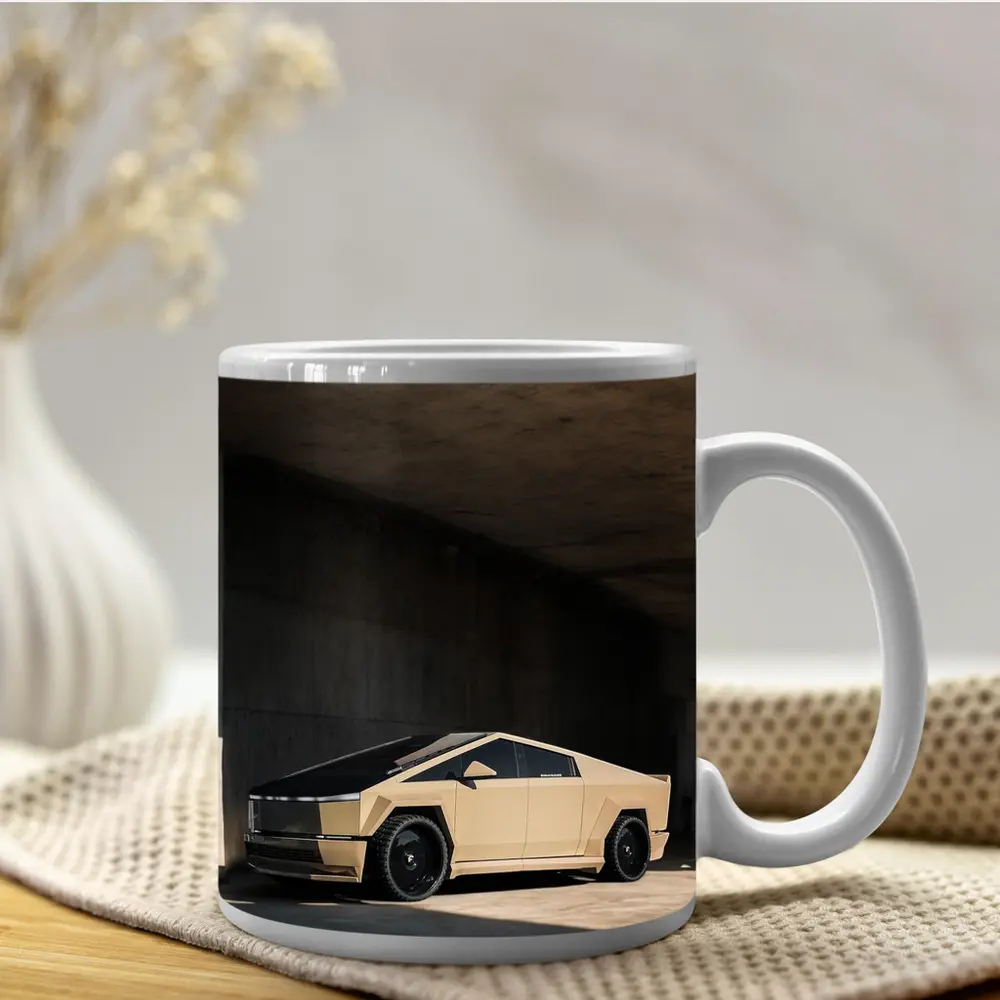Tesla Cybertruck Beige Under Concrete Bridge – Mugs