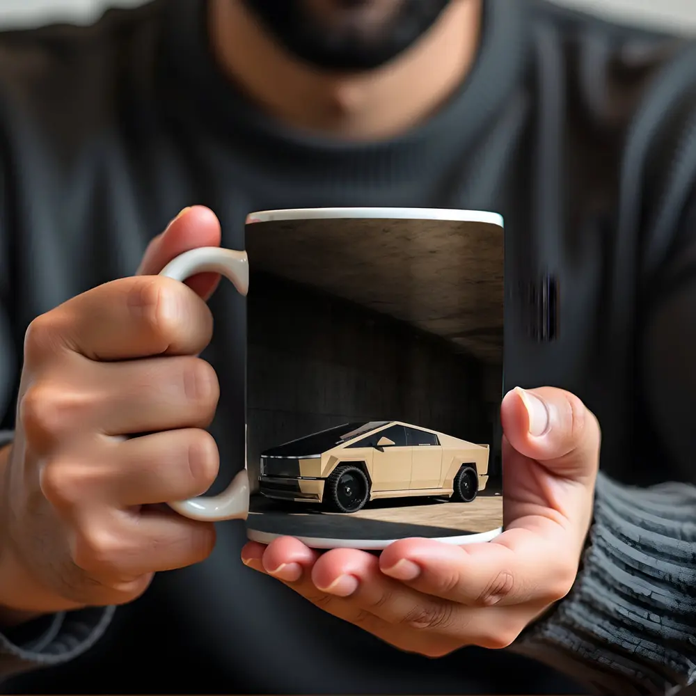 Tesla Cybertruck Beige Under Concrete Bridge – Mugs