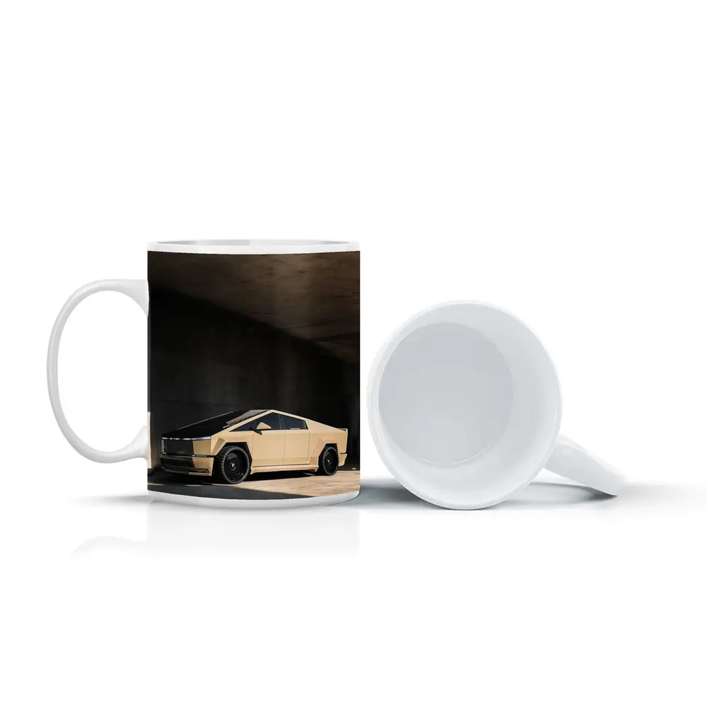 Tesla Cybertruck Beige Under Concrete Bridge – Mugs