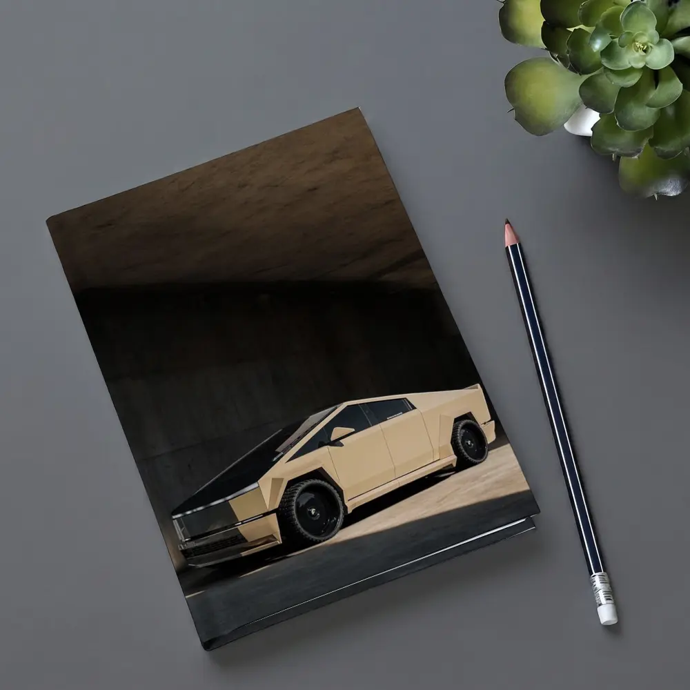 Tesla Cybertruck Beige Under Concrete Bridge – Notebooks