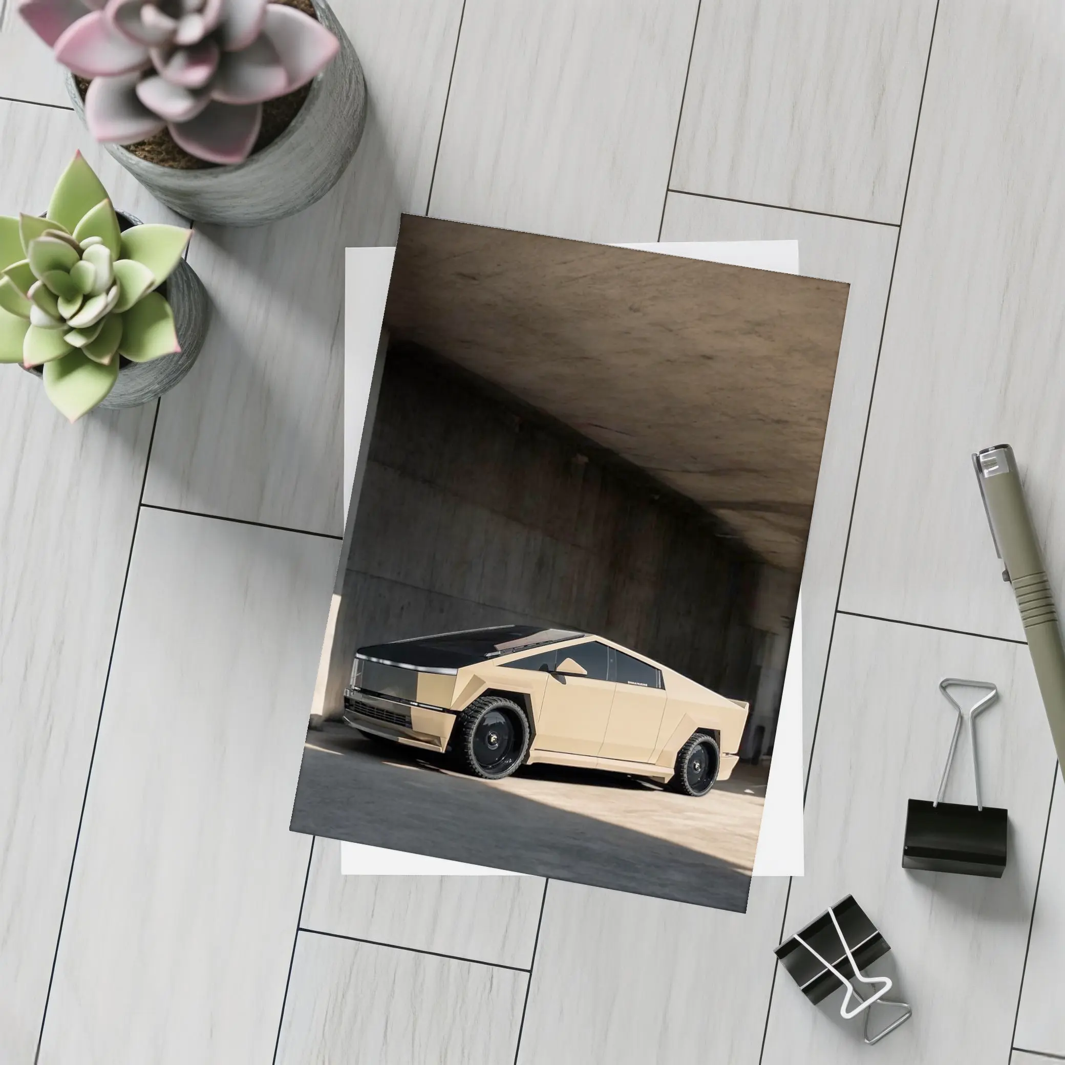 Tesla Cybertruck Beige Under Concrete Bridge – Postcards