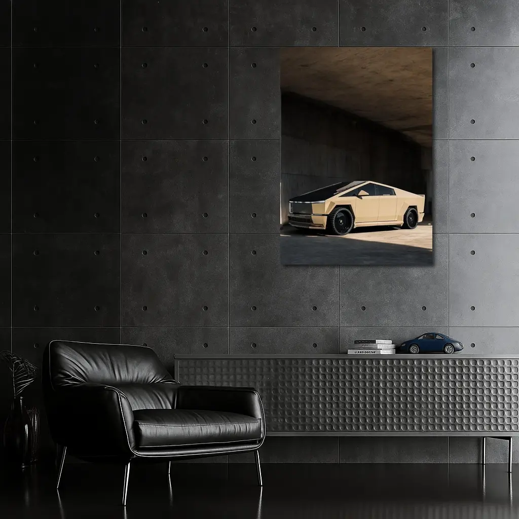 Tesla Cybertruck Beige Under Concrete Bridge – Wall Art