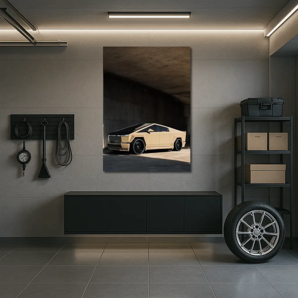 Tesla Cybertruck Beige Under Concrete Bridge – Wall Art